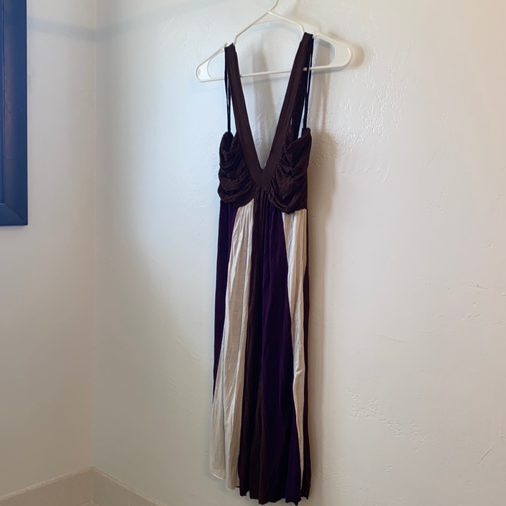 Brown, cream and purple dress